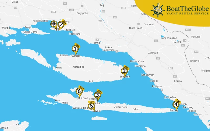 Catamaran itinerary from Split to Hvar